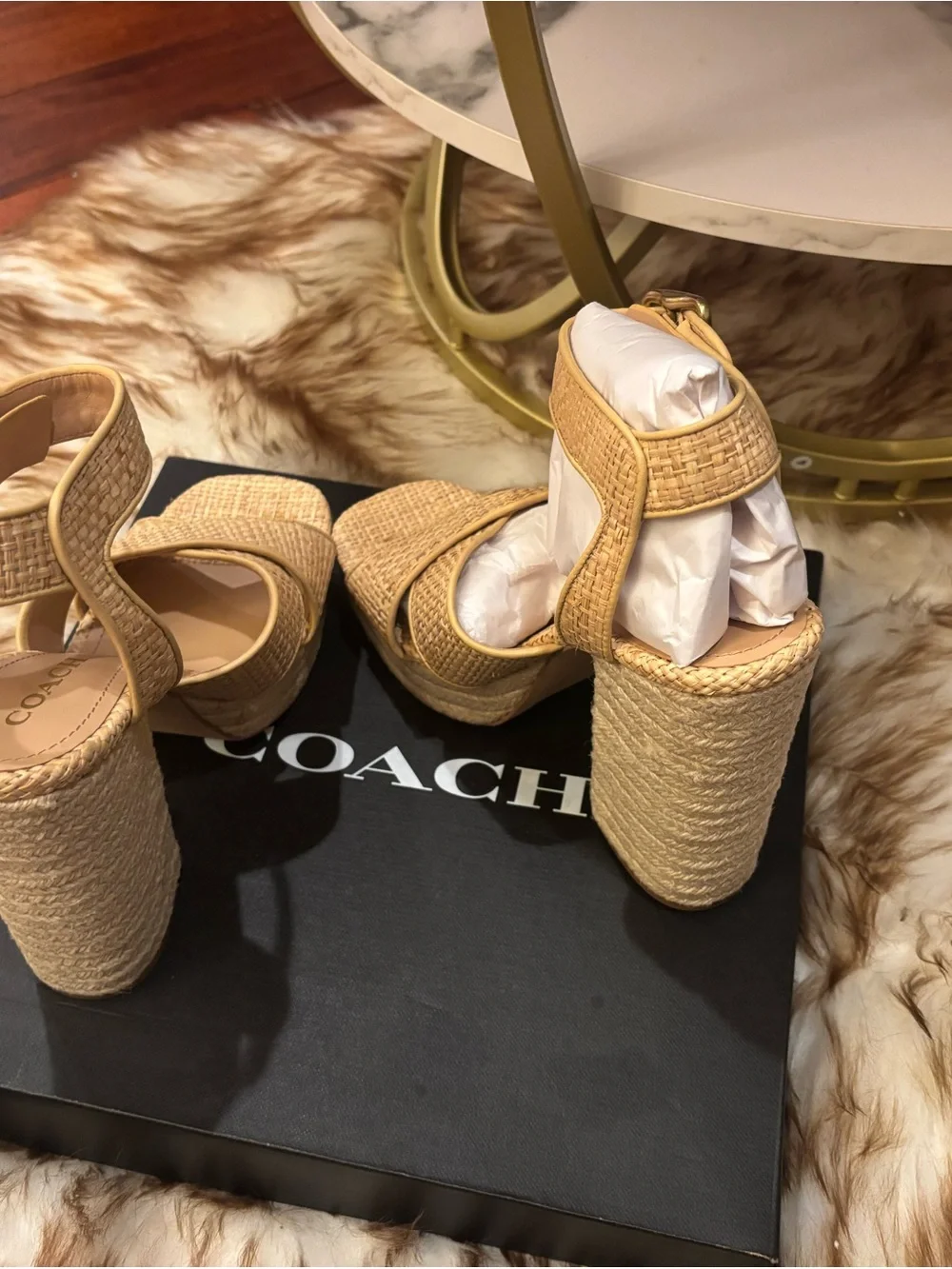 Coach Woven Platform Heel Sandals in Natural Beige